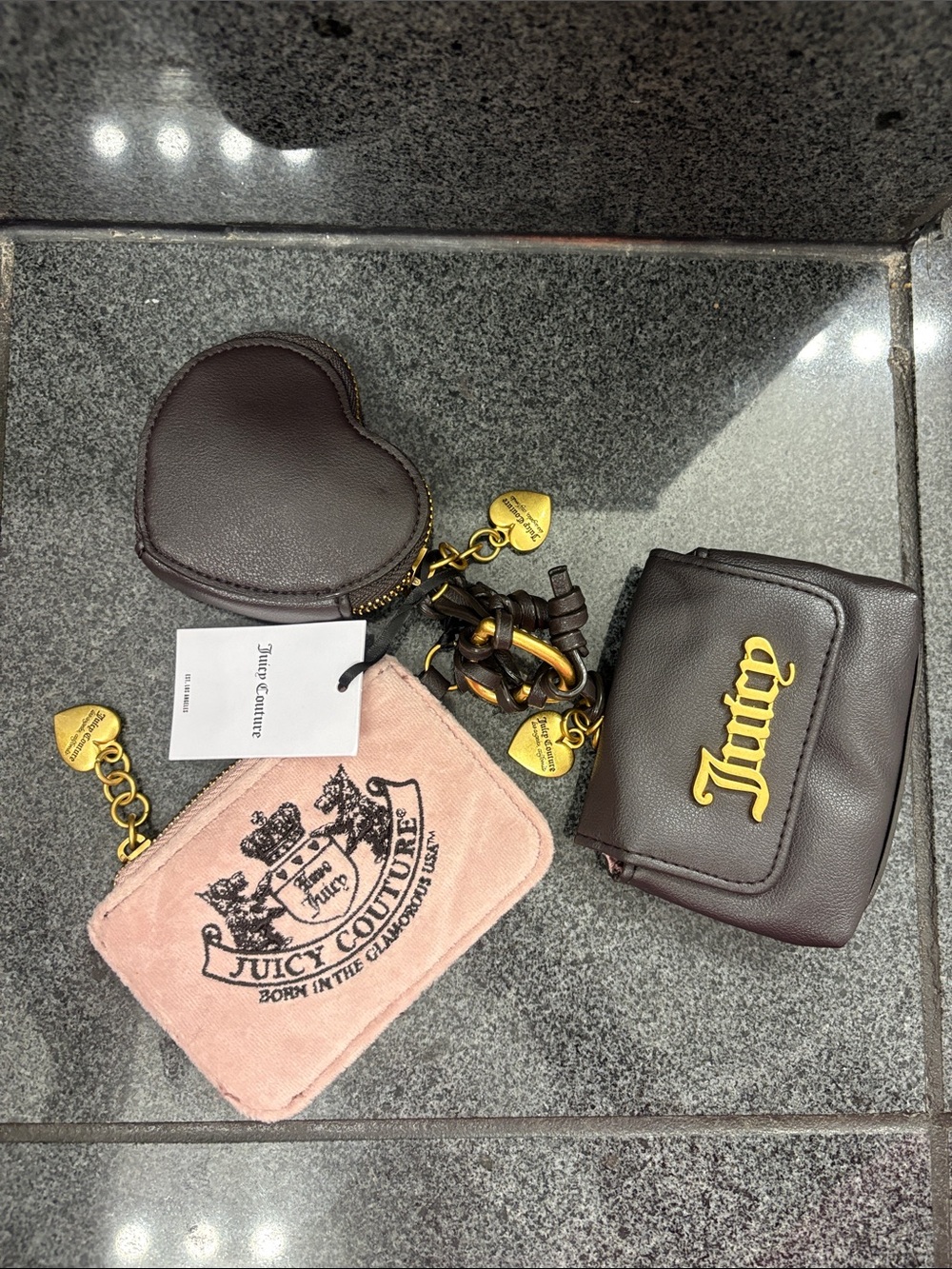 Juicy Couture Brown & Pink Keychain Wallet Trio with Gold Accents